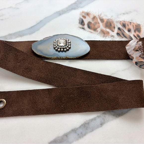 Brown Suede Hat Band with luxe Agate Crystal/ rhinestone center. - Picture 3 of 8